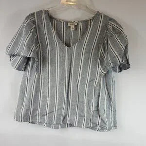A.N.A Super Cute Blue/White Stripe V Neck Poplin Short Sleeve Puff Sleeve Women's Small