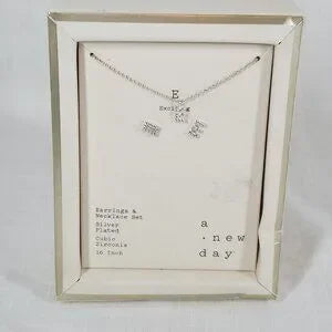 A New Day Letter E Initial Necklace & Earring Set Silver Plated Cubic Zirconia