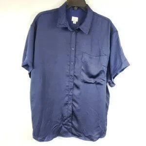 A New Day Womens Navy Blue Oversized Satin Loose Fit Button Up Collared Blouse L