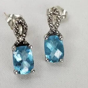 Beautiful Blue Topaz 925 Sterling Silver Precious Stone Ribbon Earrings NIB