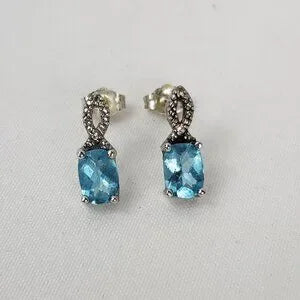 Beautiful Blue Topaz 925 Sterling Silver Precious Stone Ribbon Earrings NIB