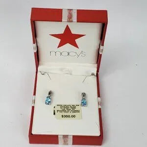 Beautiful Blue Topaz 925 Sterling Silver Precious Stone Ribbon Earrings NIB