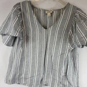 A.N.A Super Cute Blue/White Stripe V Neck Poplin Short Sleeve Puff Sleeve Women's Small