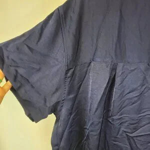 A New Day Womens Navy Blue Oversized Satin Loose Fit Button Up Collared Blouse L