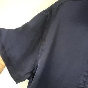 A New Day Womens Navy Blue Oversized Satin Loose Fit Button Up Collared Blouse L