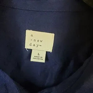 A New Day Womens Navy Blue Oversized Satin Loose Fit Button Up Collared Blouse L