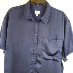A New Day Womens Navy Blue Oversized Satin Loose Fit Button Up Collared Blouse L