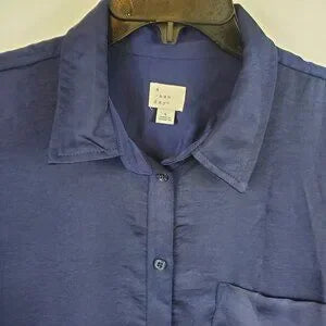 A New Day Womens Navy Blue Oversized Satin Loose Fit Button Up Collared Blouse L