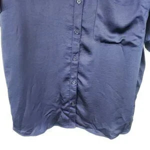 A New Day Womens Navy Blue Oversized Satin Loose Fit Button Up Collared Blouse L