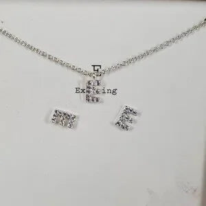 A New Day Letter E Initial Necklace & Earring Set Silver Plated Cubic Zirconia